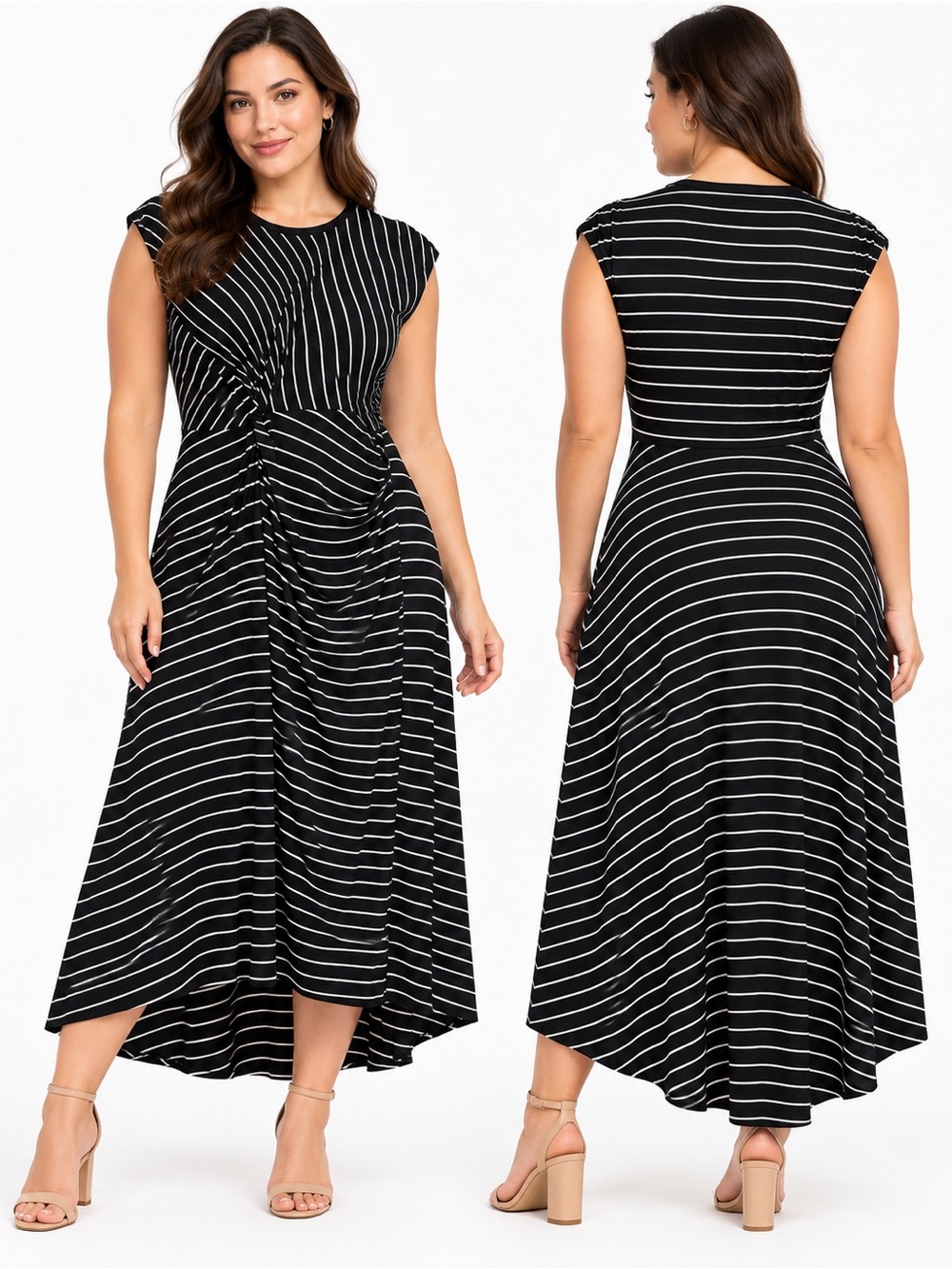 Banana Republic Black and White Striped Twist-Front High-Low Dress Size Large